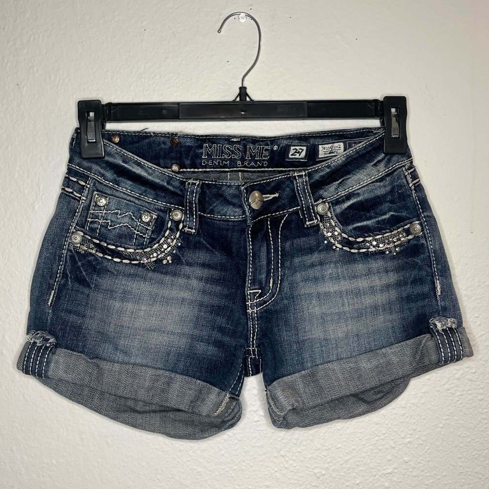 Miss Me Denim Shorts Size 27 Distressed Bling Rhinestone Cuffed Jean